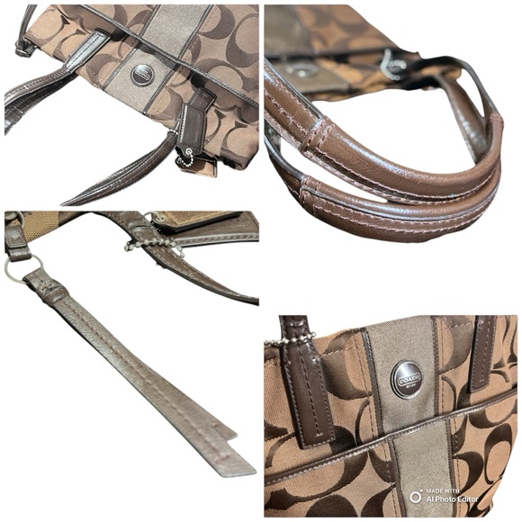 Coach Signature Stripe Khaki Gold Tote Bag Canvas & Patent Leather w/ Hang Tags - Picture 10 of 14